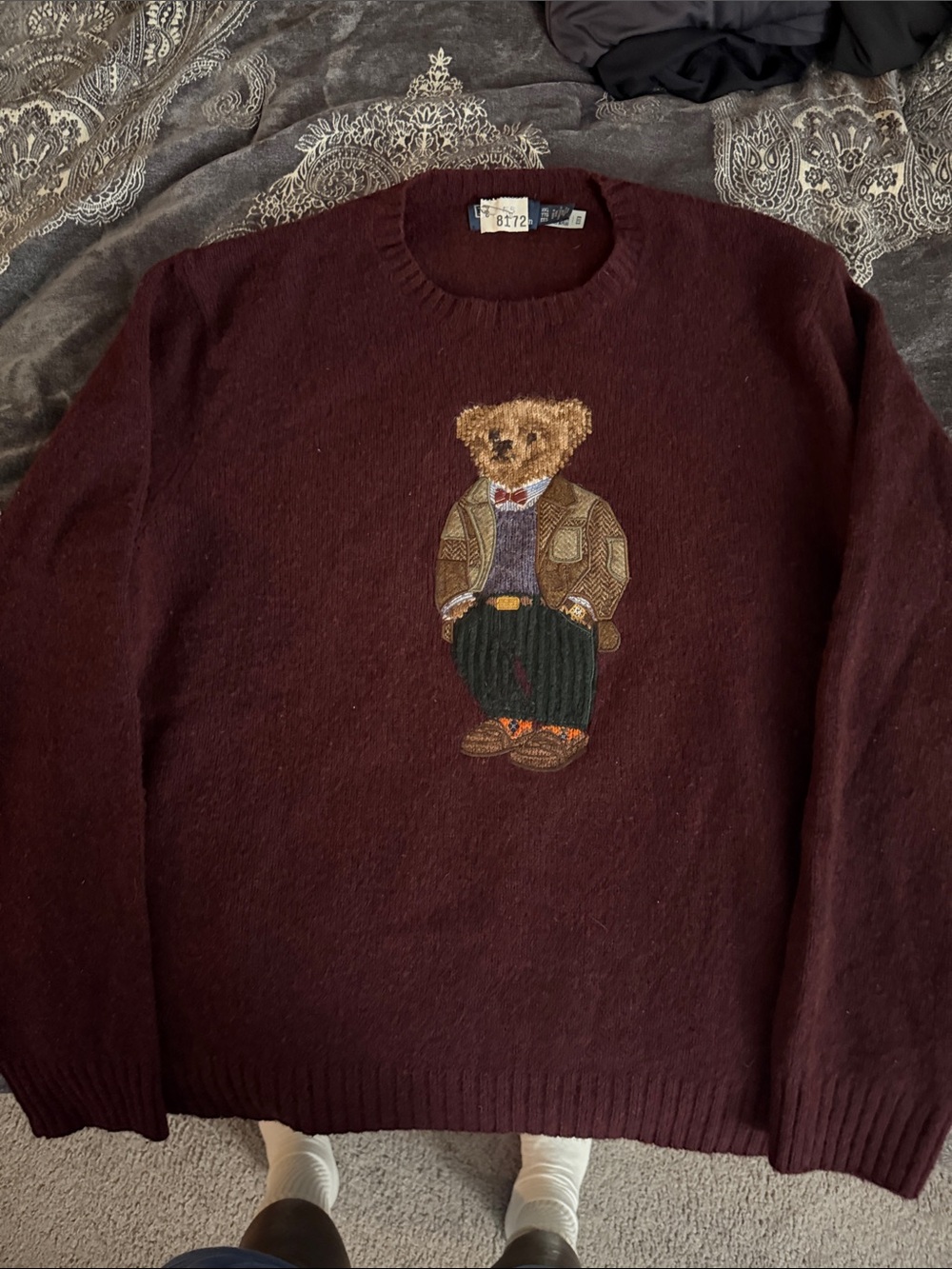 Polo by Ralph Lauren Burgundy Crewneck Sweater with Bear Embroidery